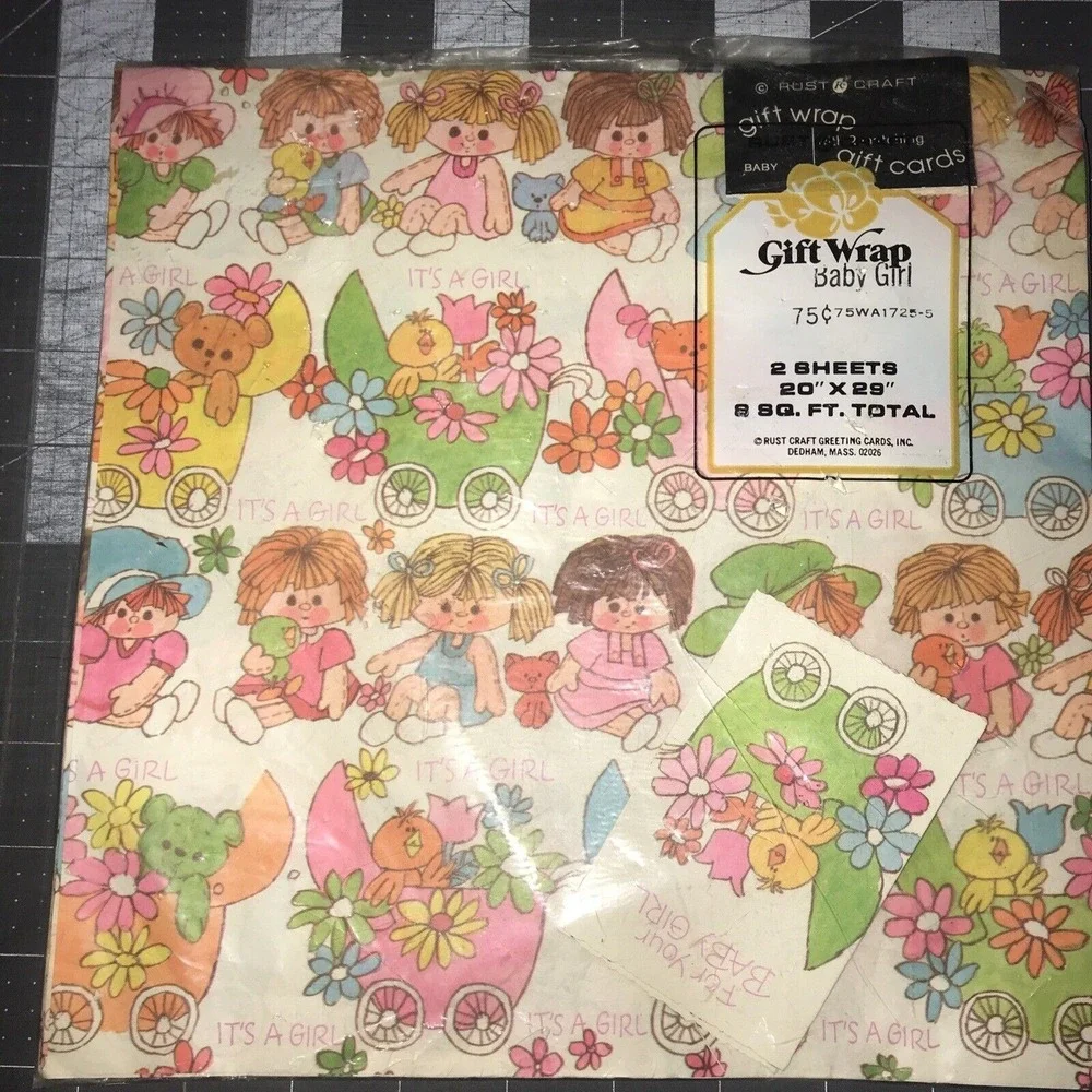 Vintage MCM Baby Girl Gift Wrap Rust Craft 2 New Sheets 20